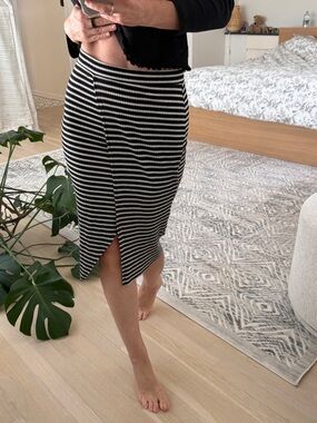 Black & White Striped Midi Skirt with front slit